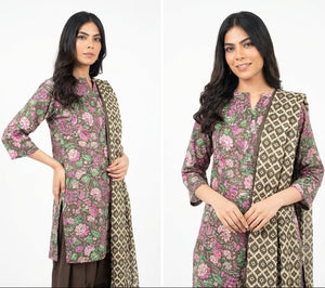 Three images of a woman modeling a floral dress with a patterned shawl on a white background