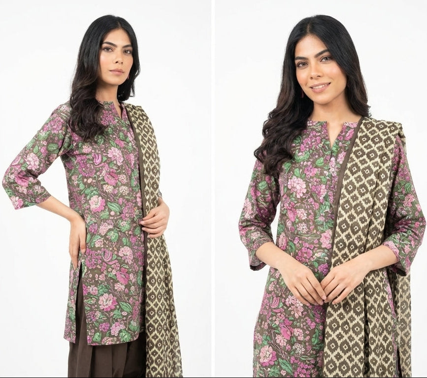 Three images of a woman modeling a floral dress with a patterned shawl on a white background