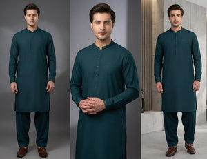 Man wearing a teal kurta with pants in different poses against a neutral background