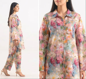 Woman wearing a floral outfit on a white background