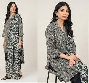 Woman wearing a patterned gray outfit in three different poses on a white background
