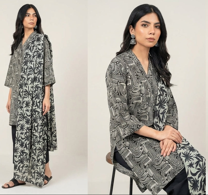 Woman wearing a patterned gray outfit in three different poses on a white background