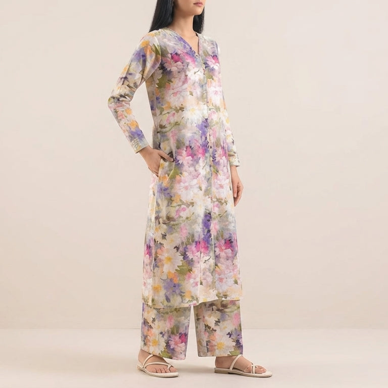 Woman wearing a floral dress on a beige background