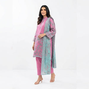 Woman wearing a pink and gray traditional outfit on a white background