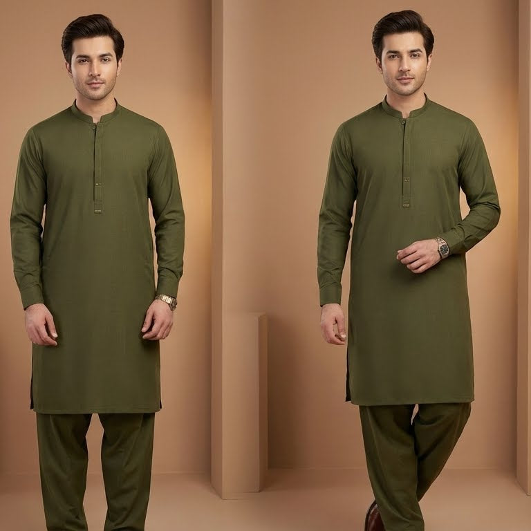 Three identical images of a man wearing a green kurta with brown pants against a beige background