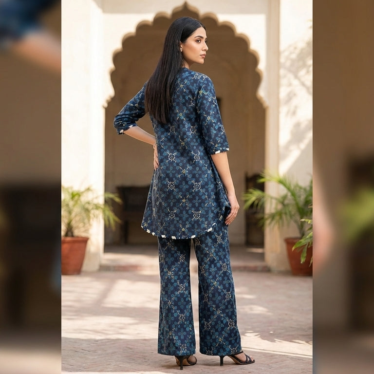 Woman in a blue patterned outfit standing in a sunlit outdoor setting with arches and plants.