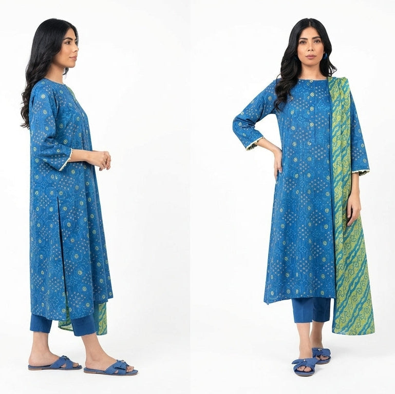 Woman modeling a blue traditional outfit with a green dupatta on a white background