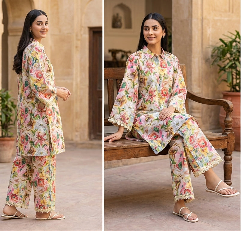 Woman wearing a floral outfit in an outdoor setting