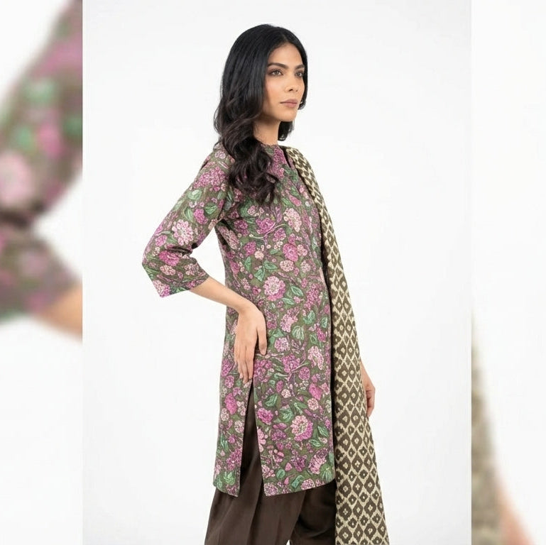 Woman wearing a floral dress with a matching scarf on a white background