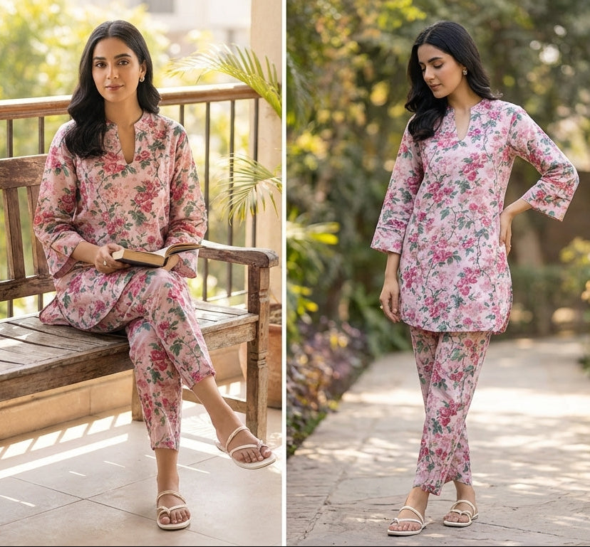Woman wearing a floral outfit in three different settings: outdoors, on a bench, and on a path.