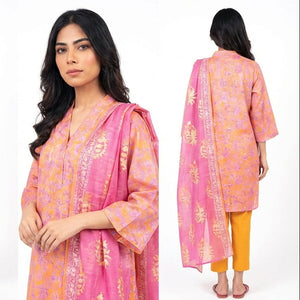 Woman modeling a pink and yellow traditional outfit with a scarf on a white background