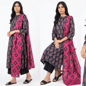Woman wearing a pink and black patterned kurta with different poses on a white background
